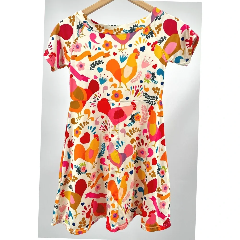 Girls Chicken Rooster Floral Dress Youth 9-10 Cottagecore Short Sleeve Twirl